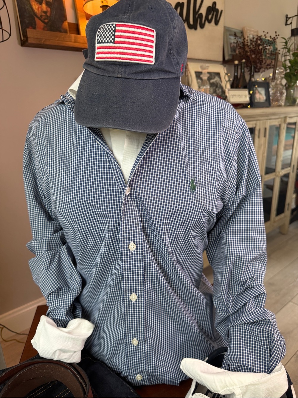 Polo Ralph Lauren Performance Navy Gingham Shirt Men’s Medium Green Pony